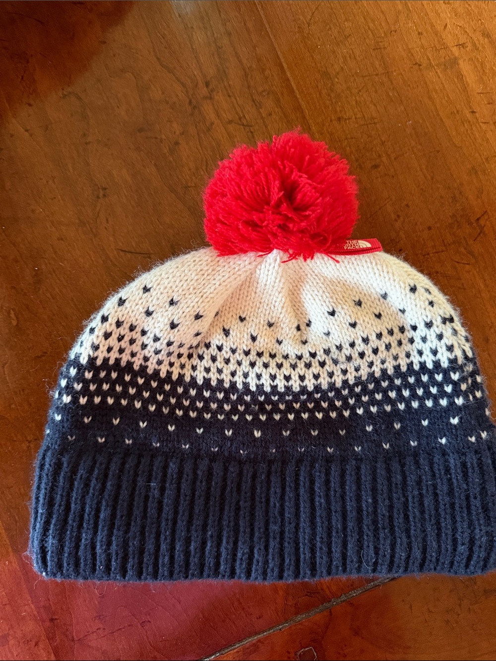 The North Face Kids Navy & White Knit Beanie with Red Pom